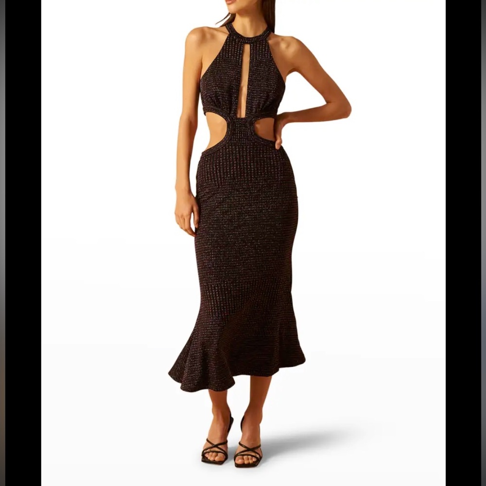 MISHA Marisa $335 Cutout Halter Midi Dress - Black with Metallic Accent NWT Sz S